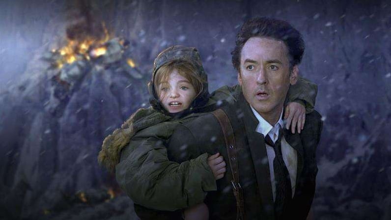John Cusack carries his daughter on his back in a still from the movie 2012.